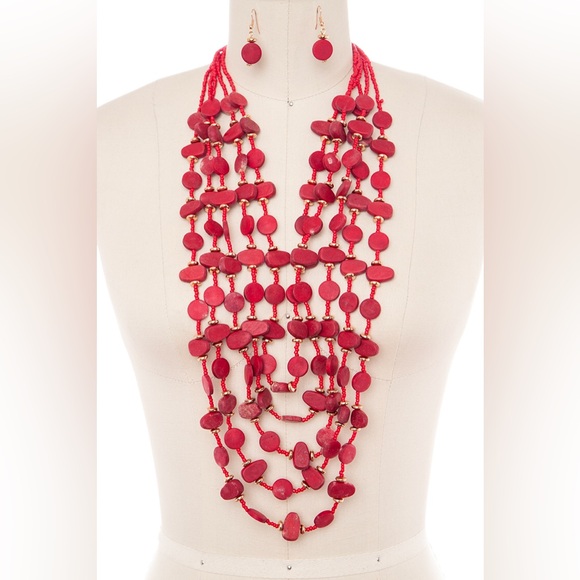 Red & Gold Wooden Disk Multi-Strand Statement Necklace Set - Picture 1 of 1